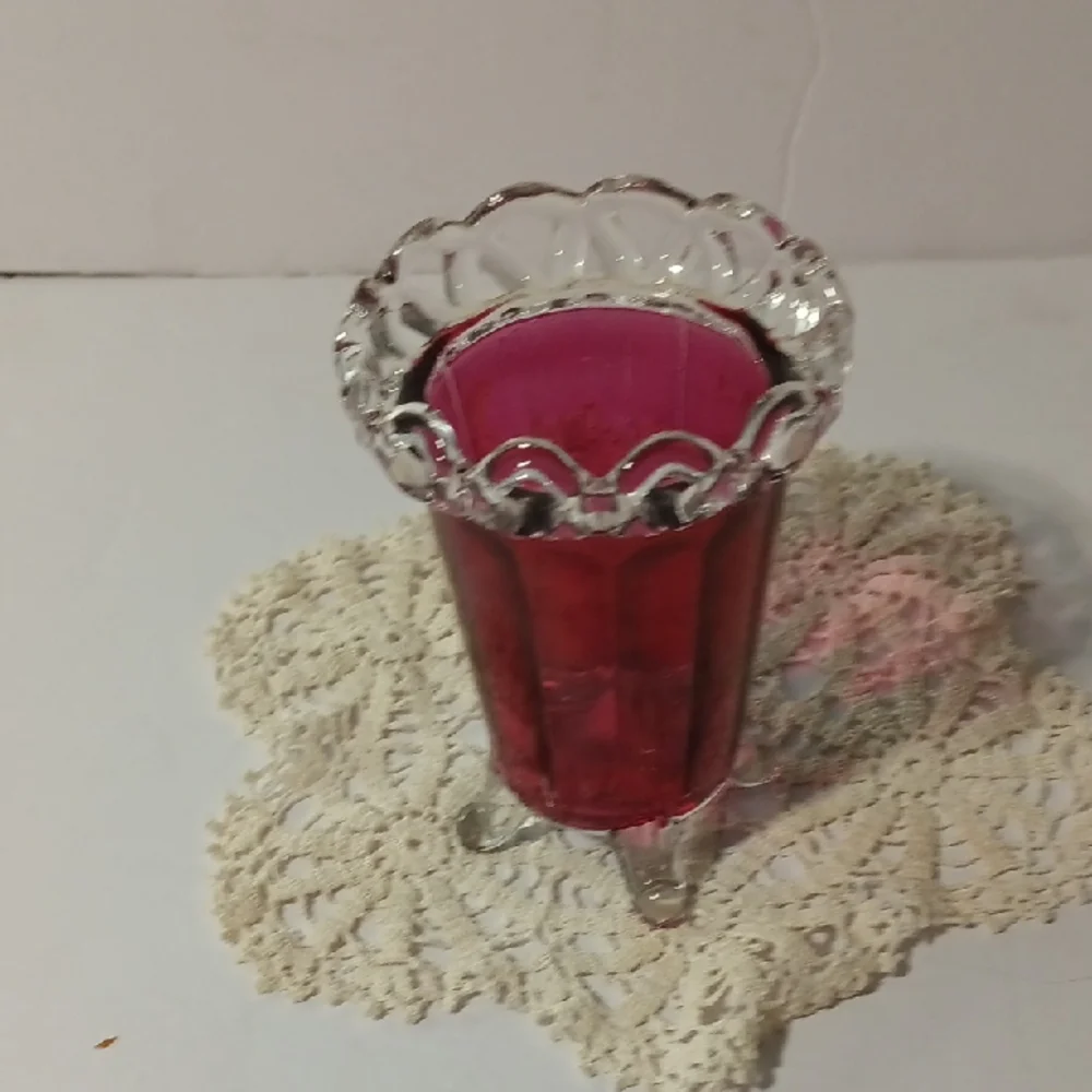 Antique English Cranberry Blown Glass Vase 5 Inches Tall And 3.5 Inches Wide